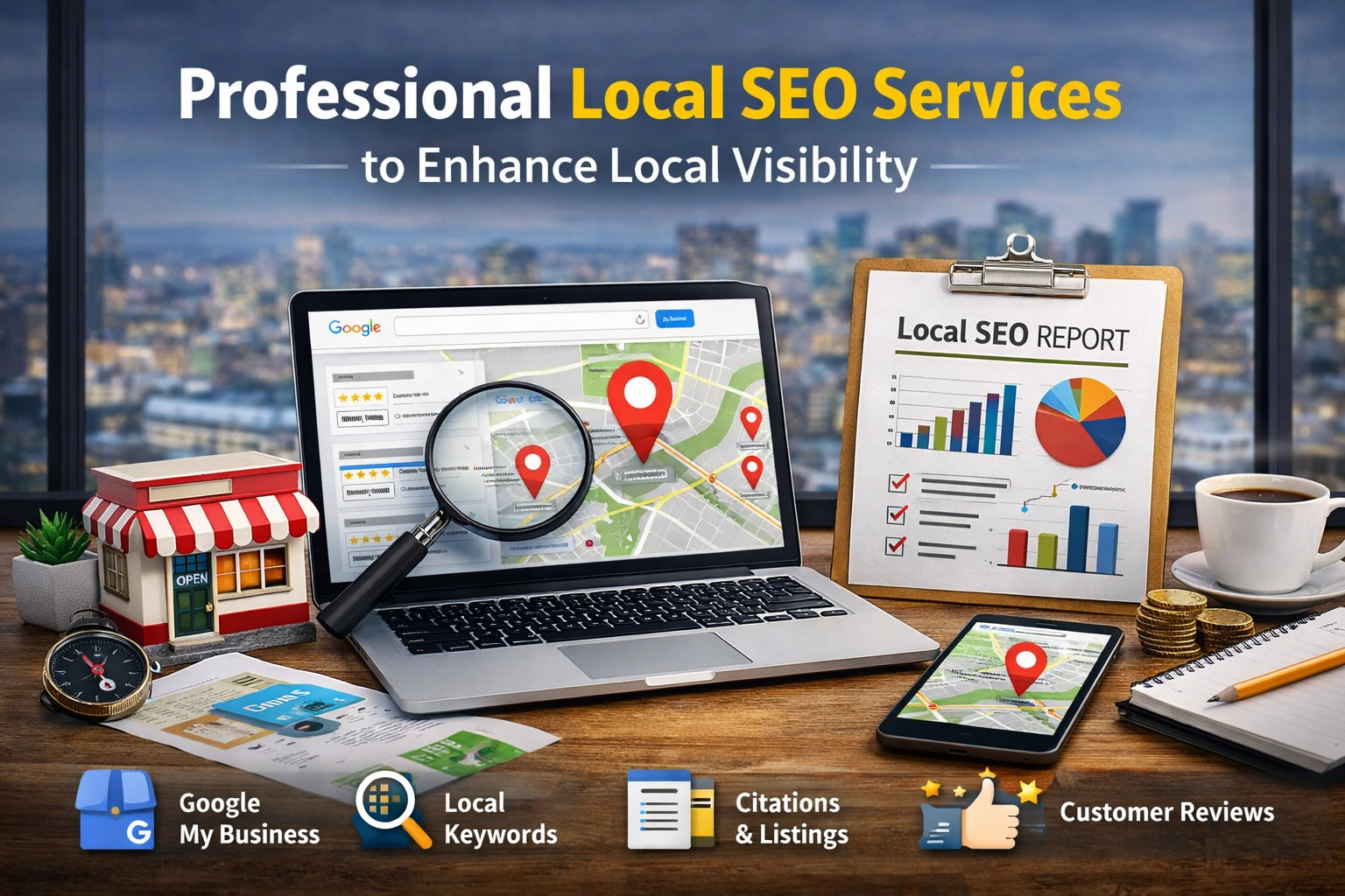 Professional local SEO services concept showing laptop with map listings, smartphone navigation, SEO report charts, and local business elements representing Google Business Profile optimization, local keywords, citations, and customer reviews in a modern workspace setting.
